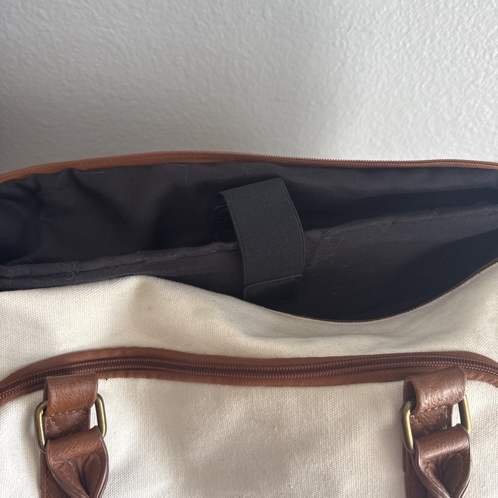 Canvas Weekender Carry-on Duffle Bag Cream/Brown Shoe Compartment/Laptop Sleeve - Picture 8 of 9